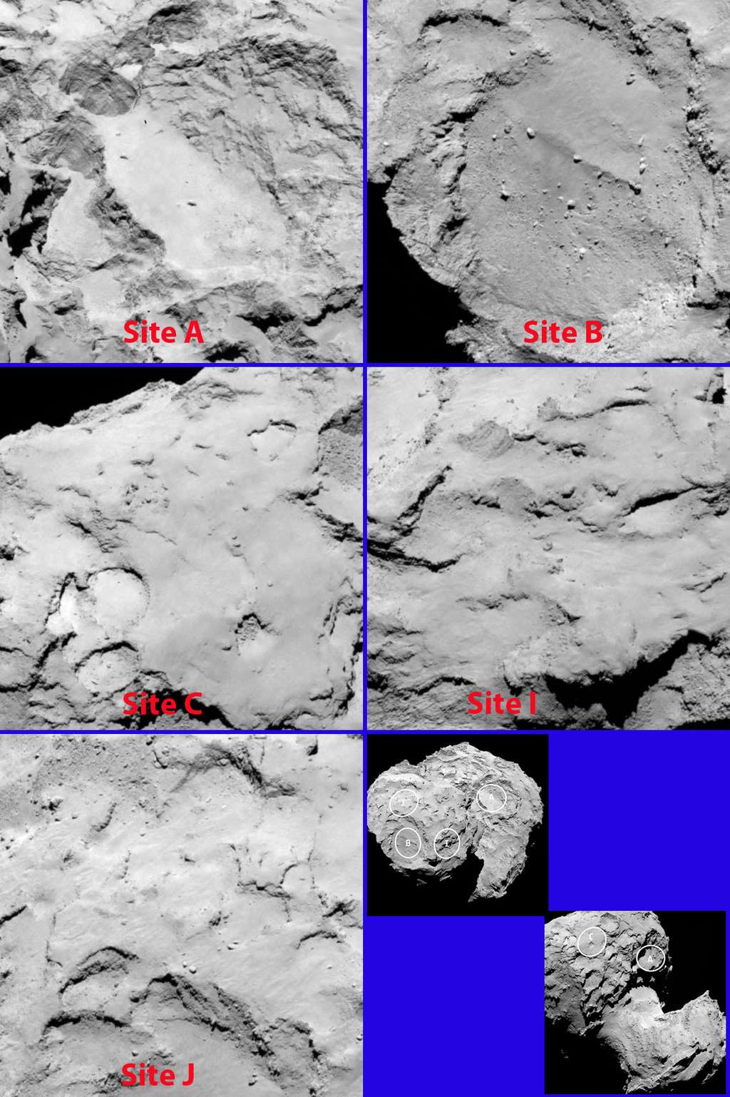 Les cinq sites d’atterrissage de la comète 67P/Churyumov-Gerasimenko retenus pour le lander Philae. © Esa, Rosetta, MPS for OSIRIS Team, UPD, LAM, IAA, SSO, INTA, UPM, DASP, IDA