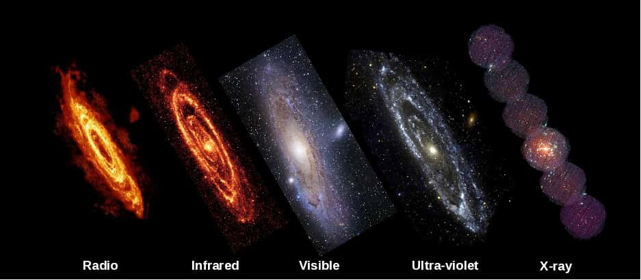 Cinq vues de la galaxie d’Andromède dans les domaines radio, infrarouge, optique, ultraviolet et X. Les longueurs d'onde X, absorbées par l'atmosphère terrestre, ne peuvent être étudiées que depuis l'espace. © Nasa