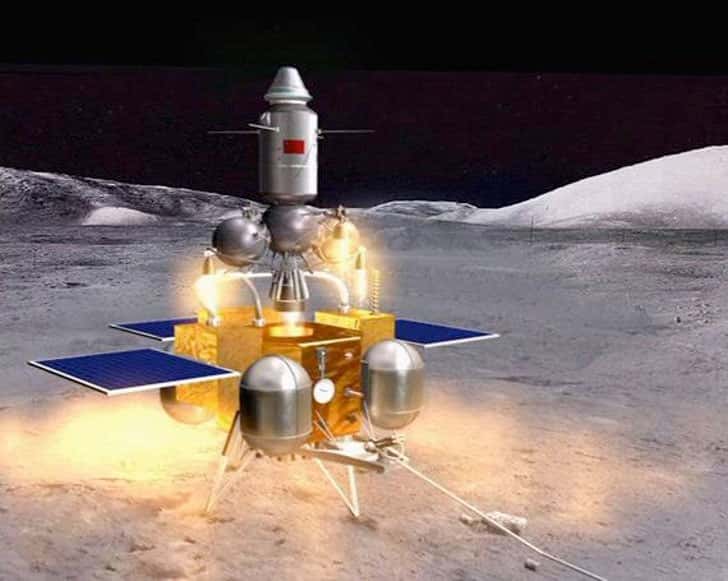 Vue d'artiste de ce à quoi pourrait ressembler le décollage depuis la Lune des échantillons lunaires en direction du véhicule du retour qui les attend en orbite autour de la Terre. © CNSA