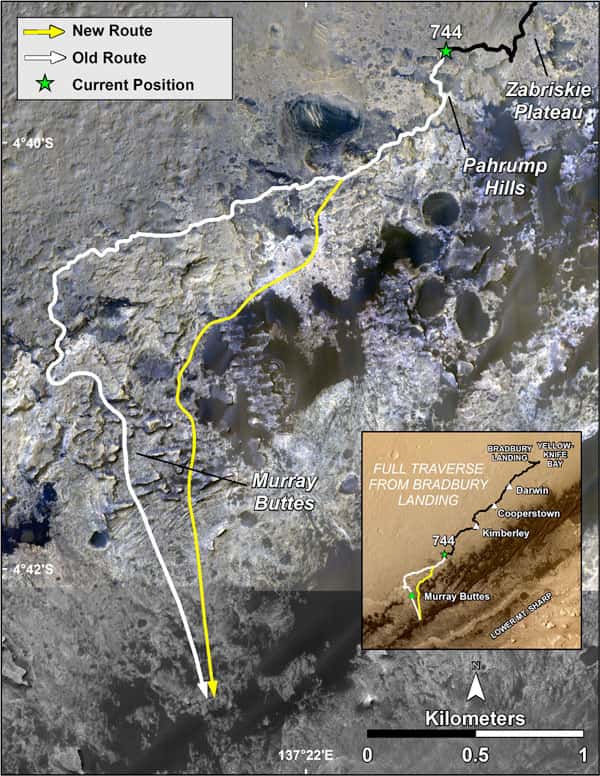 En jaune, le tracé de la nouvelle route de Curiosity pour explorer le mont Sharp. © Nasa, JPL