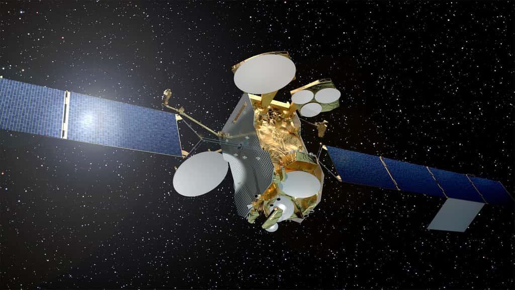 D’une masse au lancement de 3,5 tonnes et d’une puissance de 13 kW, Eutelsat 172B sera lancé par Ariane 5 en position basse (un satellite sera au-dessus de lui). Il mettra quatre mois pour rejoindre sa position géostationnaire. © Airbus Espace