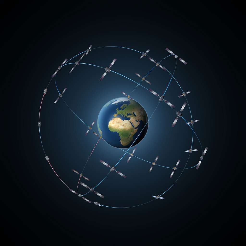 Vue d'artiste qui montre comment seront déployés les 30 satellites Galileo autour de la Terre sur trois plans orbitaux différents. © Esa, P. Carril