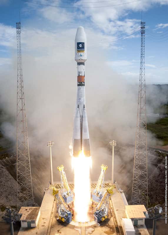 22 août 2014 à 9 h 27 (heure locale) depuis le Centre spatial guyanais (CSG) : décollage du lanceur russe Soyouz depuis son pas de tir situé à Sinnamary, à une quinzaine de kilomètres des installations au sol d’Ariane 5. © Esa, Cnes, Arianespace, Service optique CSG