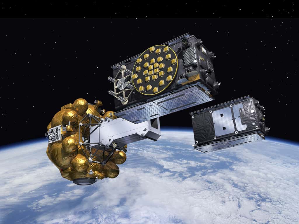 L'étage Fregat, le dispenseur et les deux satellites Galileo qui s'en séparent. © Esa, J. Huart