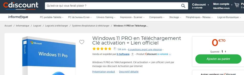 Des clés d’activation pour installer Windows 10 ou 11 sont disponibles à moins de 1 € sur un site comme CDiscount. © CDiscount