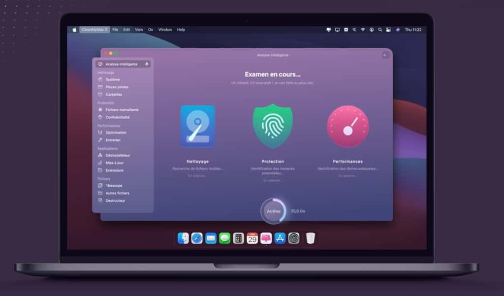 L'interface de Clean My Mac facilite son usage. Trois options vous sont proposées : Nettoyage, Protection et Performances. © MacPaw