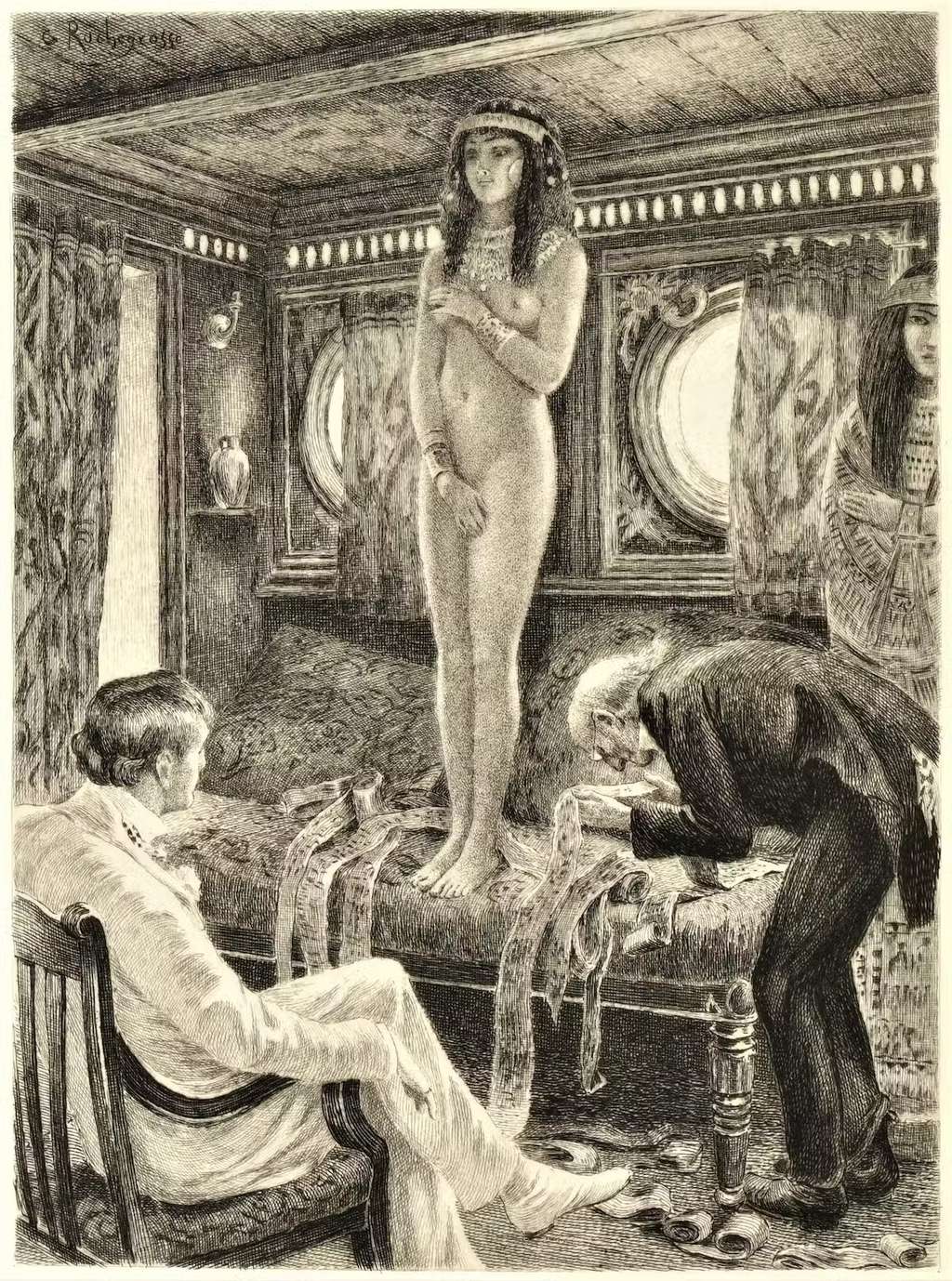 Evandale et Rumphius découvrent la momie de Tahoser. © Théophile Gautier, Le Roman de la momie, illustration de Georges-Antoine Rochegrosse.