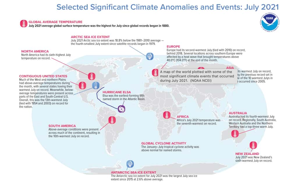 Les événements climatiques observés dans le monde en juillet 2021. © NOAA