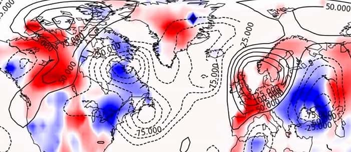 La carte utilisée pour l’apprentissage de l’IA. Elle montre les anomalies de température (rouge plus chaud que bleu) et pression atmosphérique (lignes) pour une situation atmosphérique typique. © Freddy Bouchet