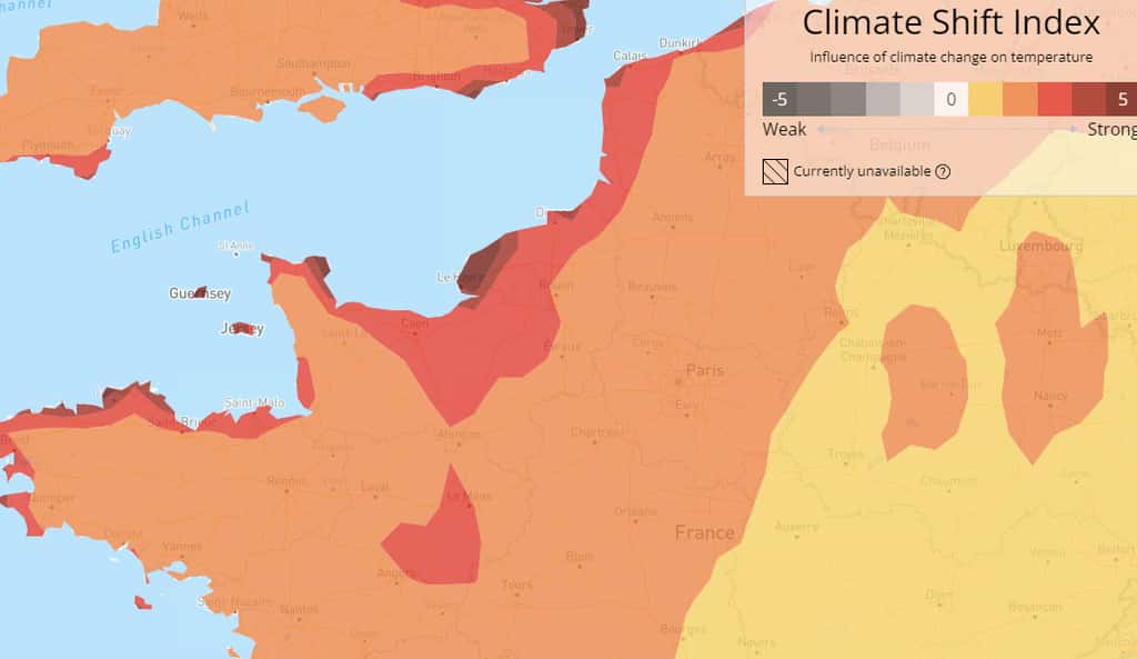 La carte <em>Climate Shift</em> de ce dimanche 25 juin 2023 zoomée sur le nord-ouest de la France. © Climate Central, <em>Climate Shift TM</em>