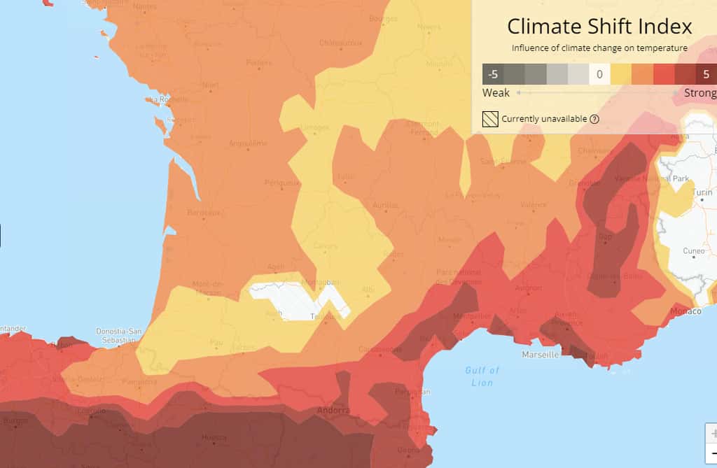 La carte <em>Climate Shift</em> de ce dimanche 25 juin 2023 zoomée sur la moitié sud de la France. © Climate Central, <em>Climate Shift TM</em>