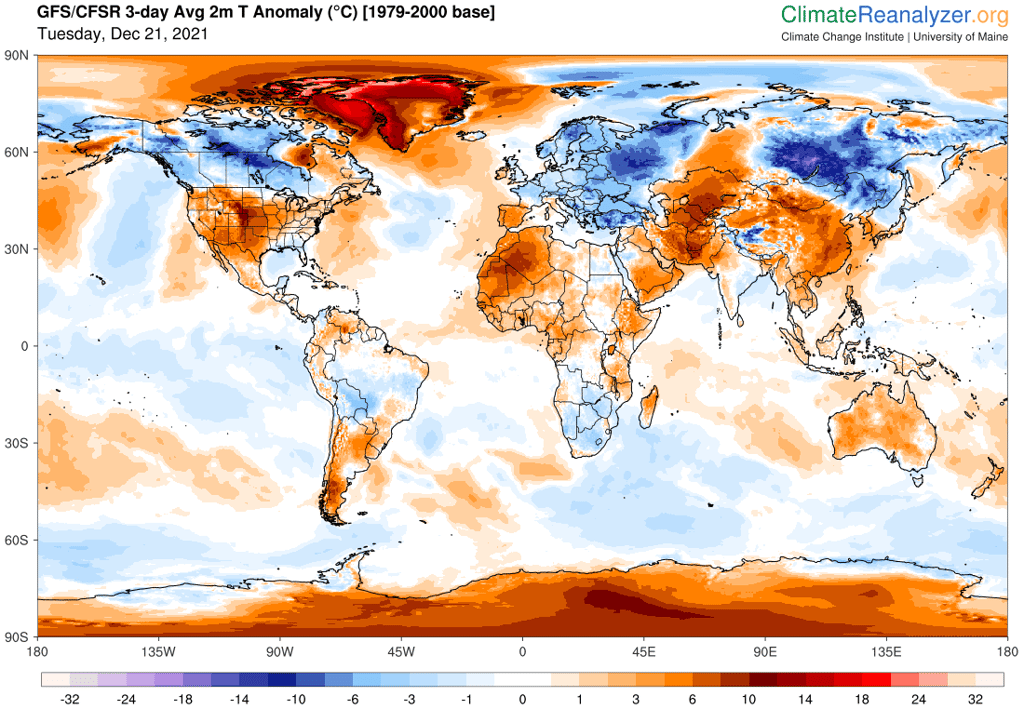 En orange, les zones géographiques concernées par des températures largement supérieures aux moyennes de saison entre le 24 et 25 décembre. © <em>Climate Reanalyzer</em>