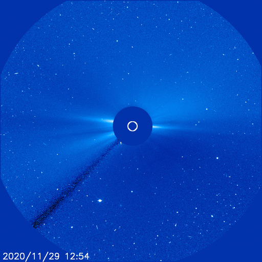 Éjection de masse coronale (CME) observée avec le coronographe Lasco C3 de Soho le 29 novembre. © NASA, ESA, Soho