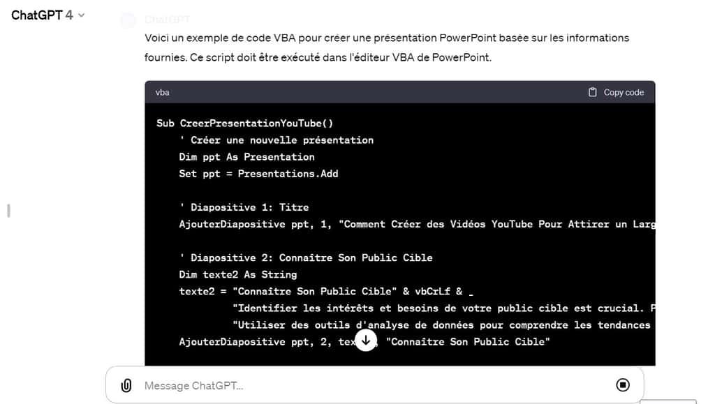 ChatGPT génère le code VBA à même de produire la présentation Powerpoint. © OpenAI