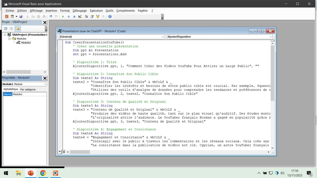 Le code issu de ChatGPT est collé dans l’éditeur VBA de Powerpoint. © Microsoft