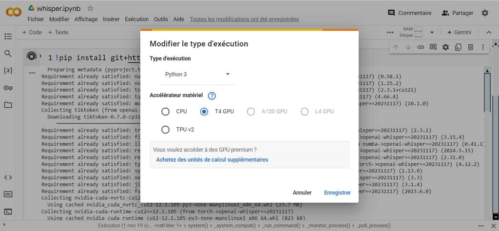 Ici , nous instruisons Google Colab d’exploiter le processeur graphique de l’ordinateur. © Google