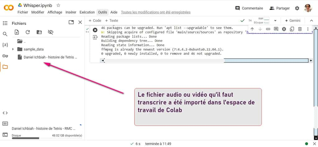 Le fichier qui doit être transcrit par Whisper a été importé dans l’espace de travail de Colab. © Google