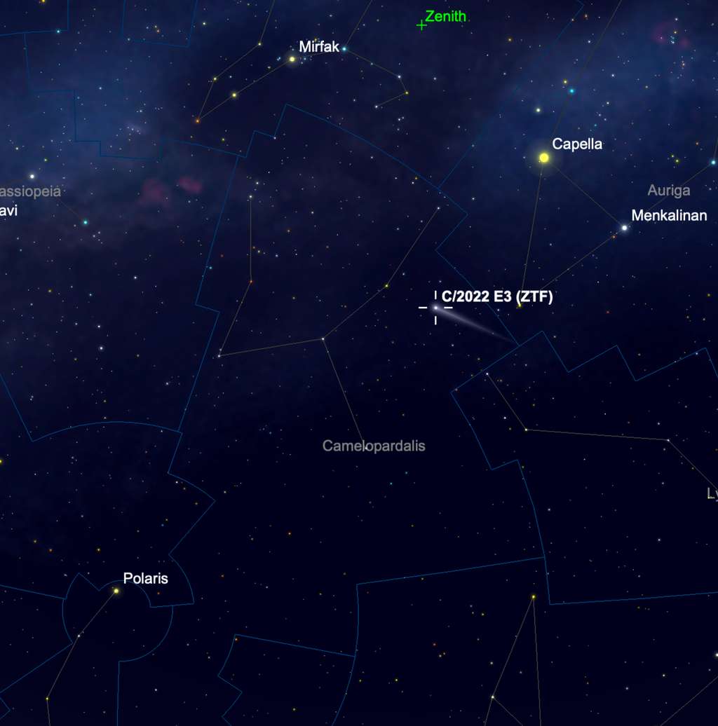 Le 3 février, vers 20 h, la comète est visible sur un fil imaginaire tracé entre l'étoile polaire (Polaris sur la carte ci-dessus) et la très brillante Capella, à un tiers de l'écart entre les deux étoiles vers cette dernière. Évitez un site débordant de pollution lumineuse pour l'observer. La Lune, bientôt pleine, rend plus difficile à distinguer l'astre diffus à l'œil nu. © SkySafari