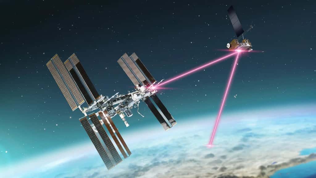 Représentation graphique d'un relais de communication laser entre la Station spatiale internationale et la Terre. © Dave Ryan, Nasa