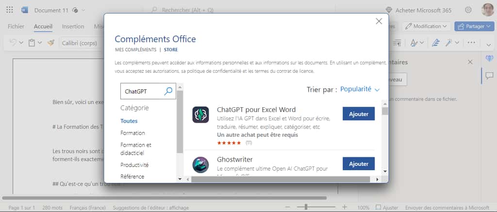 Il existe de nombreux compléments Office à même d’intégrer ChatGPT dans Word. © Microsoft