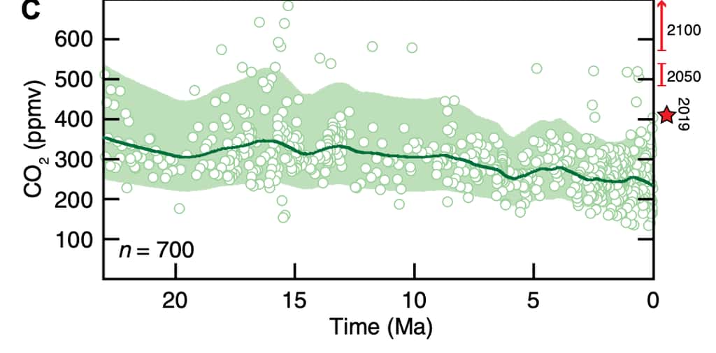 En ordonnée, les concentrations de CO<sub>2</sub> en ppmv selon le temps en millions d'années. La fourchette estimée est représentée en vert. L'étoile rouge montre le taux de 2019. © Adapté de Yung Cui et <em>al. Geoscience World</em>