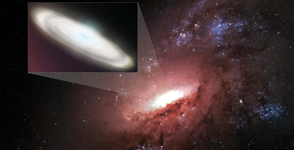  Une vue d'artiste d'un zoom sur le disque d'accrétion d'un trou noir supermassif dans une galaxie, disque brillant par effet maser. © Sophia Dagnello, NRAO, AUI, NSF