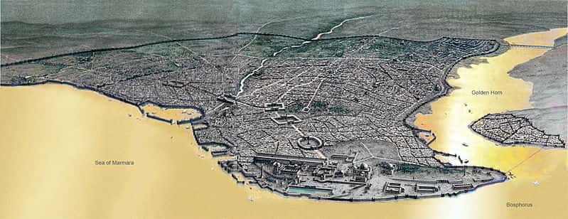  Sur ce plan de Constantinople à l’époque byzantine, située sur les rives européennes du détroit du Bosphore (<em>Bosphorus</em>), on peut apercevoir ce qui fut le port de Théodose sur la façade de la mer de Marmara (<em>Sea of Marmara</em>). Aujourd’hui, les archéologues y ont trouvé à cet emplacement 37 épaves de navires. © DeliDumrul, Wikipédia, DP