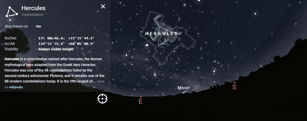 La constellation d'Hercule est visible dans le ciel des nuits d'été. Ici, le ciel depuis Paris le 15 juin à minuit. © Stellarium