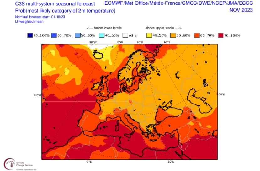 En orange, les zones où les températures s'annoncent plus élevées que la normale en novembre. © Copernicus