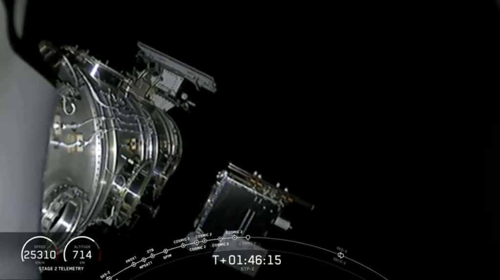 Déploiement du sixième et dernier satellite de la constellation Cosmic-2 par le Falcon Heavy. © SpaceX