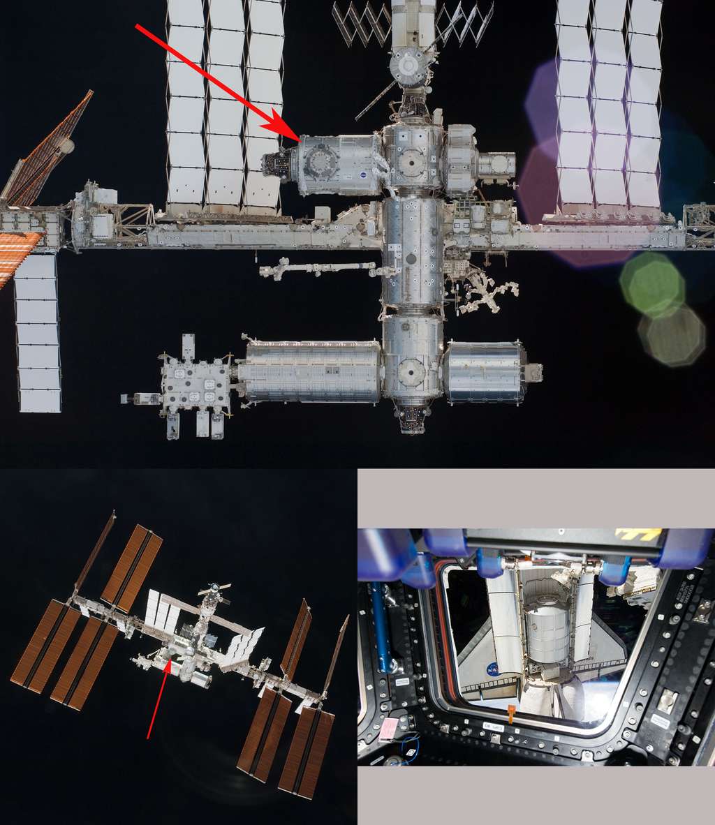 La coupole vue depuis la navette Endeavour, en vol pour retourner sur Terre (février 2010), après l'avoir livrée (STS130, février 2010). À droite, depuis l'intérieur de la coupole, un astronaute photographie la navette Atlantis avec, dans sa soute, le module logistique Raffaello, lors de la toute dernière mission d'une navette (STS135, juillet 2011). © Nasa