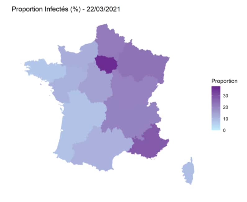  Cette figure représente, en France métropolitaine, les estimations les plus récentes de la proportion de la population adulte (au-dessus de 20 ans) ayant été infectée par SARS-CoV-2 dans les différentes régions de France métropolitaine.