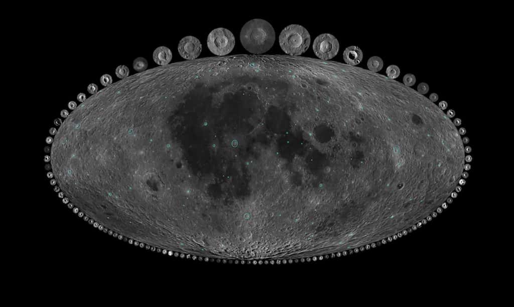 Carte de la Lune où les cratères étudiés par les chercheurs sont encerclés en bleu. Tout autour de la figurent des images des différents cratères à l'échelle par rapport au cratère Copernic, de 93 km de diamètre et âgé de 800 Ma, représenté au sommet de la carte. © Nasa, GSFC, LRO, USGS, Image par Alex Parker
