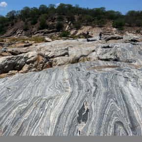 Séquence de cristallisation dans des TTG (Tonalite – Trondhjémite – Granodiorite) d’environ 3,5 milliards d’années en Afrique du Sud ; les zircons se sont formés dans le dernier liquide résiduel, granitique mais non représentatif de la roche entière. © GET, CNRS