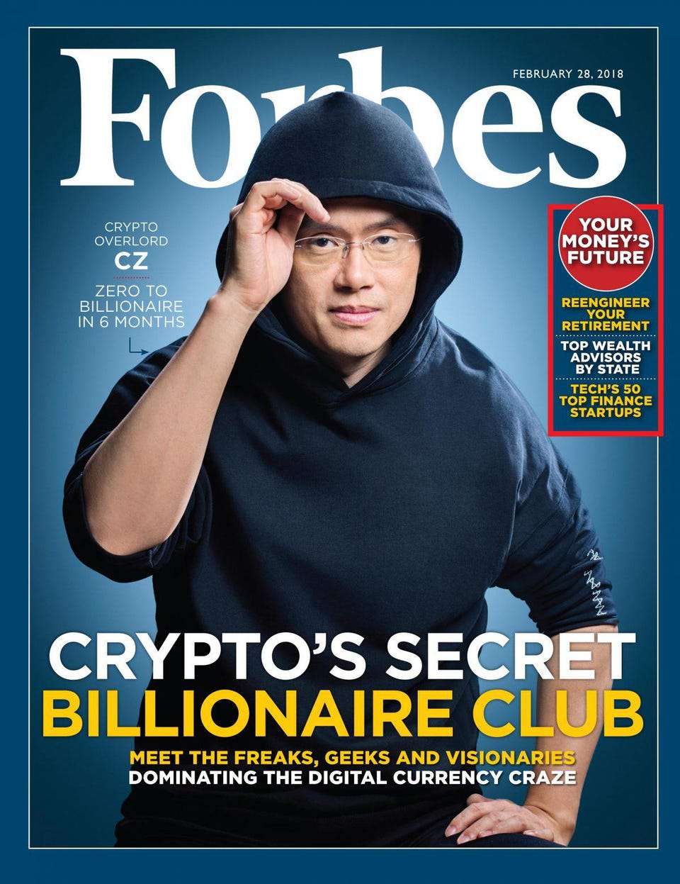 En février 2018, Changpeng Zhao a les honneurs de la couverture de <em>Forbes</em> avec cette accroche : « <em>Parti de zéro, il devient milliardaire en six mois !</em> » © Forbes