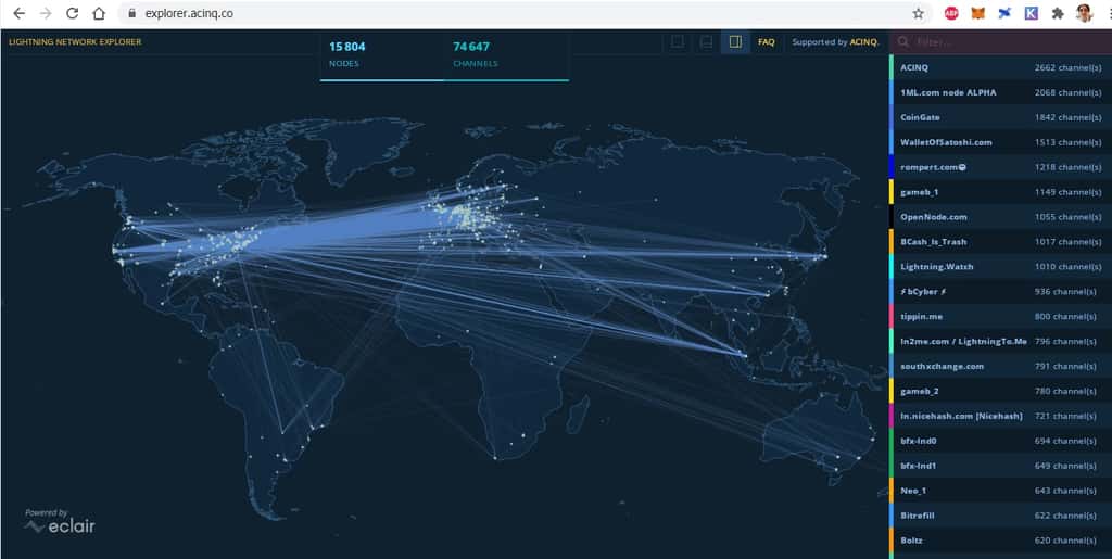 Le site explorer.acinq.co affiche en temps réel le nombre de liaisons actives sur le Lightning Network. © explorer.acinq.co
