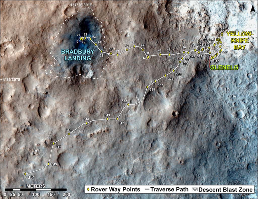 Parcours de Curiosity depuis son atterrissage, le 6 août 2012, au 1<sup>er</sup> août 2013 (sol 351). © Nasa, JPL, université d'Arizona