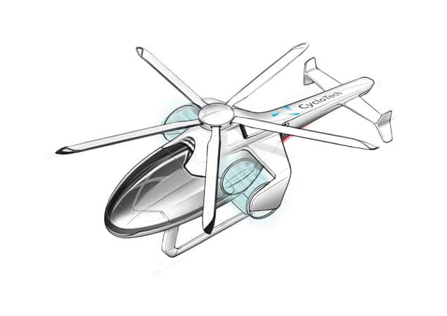 CycloTech a breveté ce concept d’hélicoptère sans rotor de queue qui utilise deux Cyclogyro pour générer la portance et réduire le diamètre du rotor principal. © CycloTech