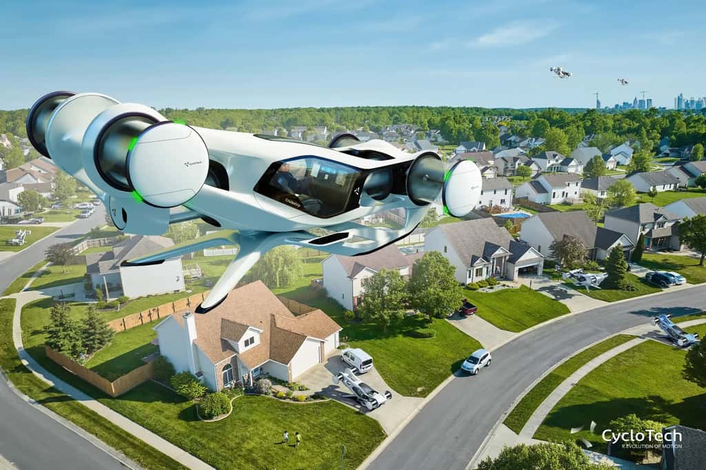 La voiture volante CruiseUp sera grand public et destinée avant tout aux trajets entre les grandes villes et leurs banlieues. © CycloTech
