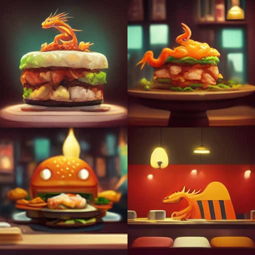 MidJourney a généré ces quatre variantes autour du texte : « un <em>dragon dans un restaurant de burger</em> ». © MidJourney