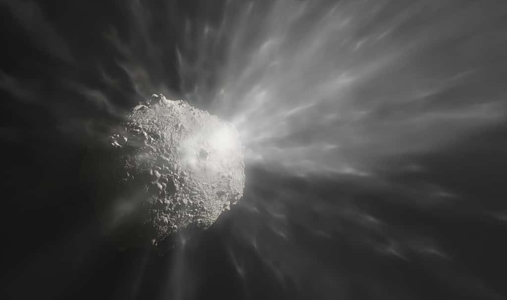 Illustration artistique montrant l'éjection d'un nuage de débris après la collision du vaisseau spatial Dart de la Nasa avec l'astéroïde Dimorphos. L'image a été créée à l'aide des photographies en gros plan de Dimorphos prises par la caméra Draco du vaisseau spatial Dart juste avant l'impact. La sonde Dart est entrée en collision avec Dimorphos à une vitesse de plus de six kilomètres par seconde (environ 22 000 km/heure). Après l'impact, plusieurs télescopes ont observé l'évolution du nuage de débris, dont le <em>Very Large Telescope</em> de l'ESO. © ESO, M. Kornmesser