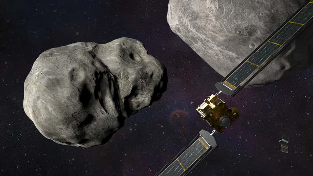 La sonde Dart&nbsp;de la Nasa se prépare à percuter l’astéroïde binaire composé de Didymos et de sa lune Dimorphos, afin de dévier sa trajectoire et de démontrer qu'il est possible d'assurer la sécurité de notre Planète. Image : illustration 3D de l'astéroïde binaire Didymos avec son satellite Dimorphos, de la sonde Dart et du cubesat LICIACube.&nbsp;© Nasa,&nbsp;Johns Hopkins APL, Steve Gribben