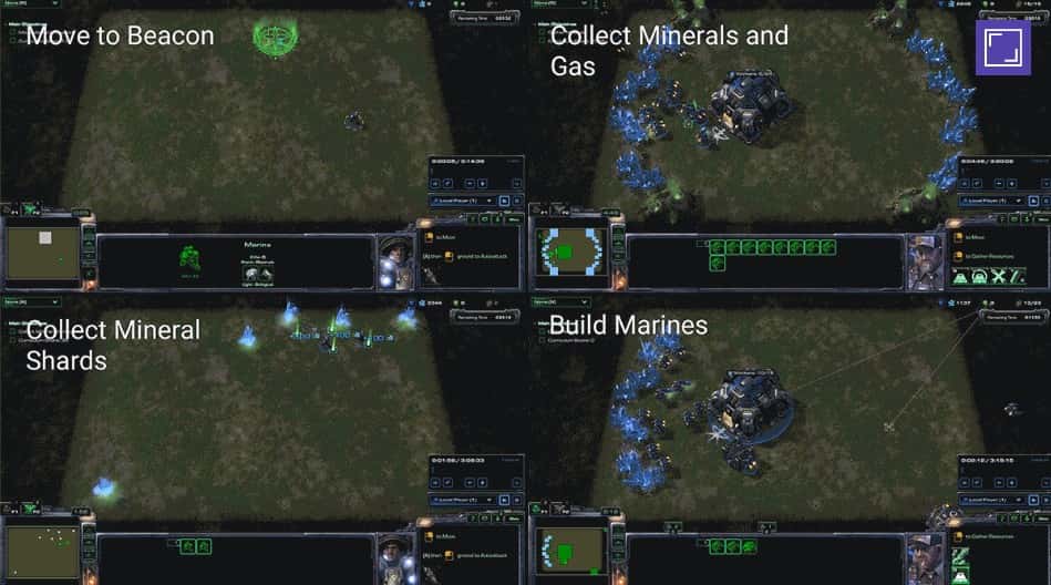 Cette capture d’écran montre une séquence d’entraînement d’une IA sur StarCraft II. Dans son commentaire, DeepMind explique que ses <em>bots</em> ont encore du mal à gérer des tâches mineures, comme la collecte de minéraux (<em>Collect Mineral Shards</em>). © DeepMind, Blizzard
