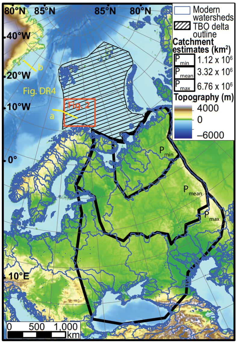 Carte montrant l'emplacement actuel du delta de la mer de Barents (zone hachurée) et l'étendue supposée de son bassin versant (trois estimations délimitées par des traits noirs en gras). Il est noté en légende « TBO delta » pour <em>Triassic Boreal Ocean</em>, qui désigne l'océan dans lequel il s'avançait durant le Trias. © Tore Grane Klausen <em>et al.</em>, <em>Geology</em>, 2019