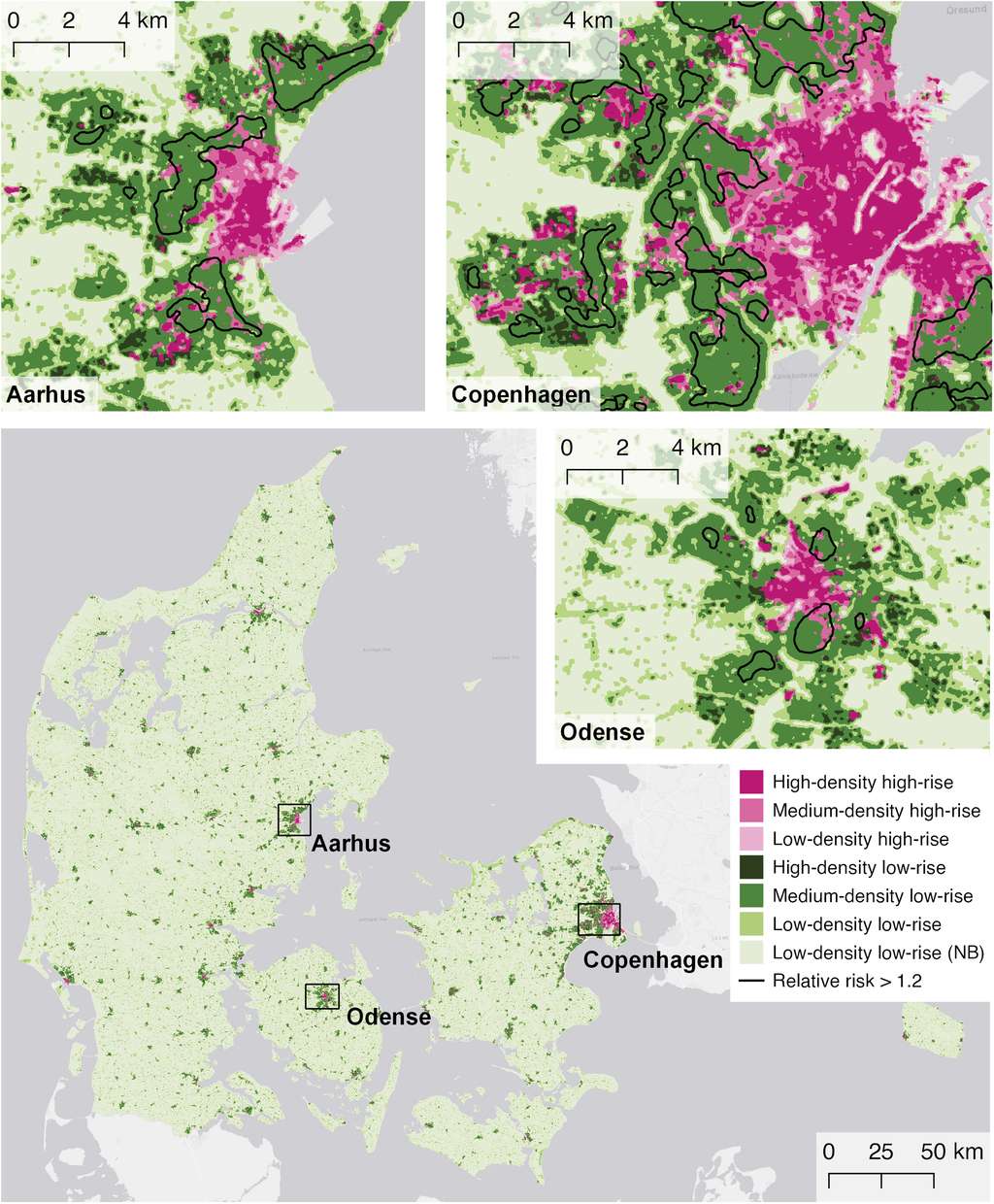 Répartition géographique de la densité et de la hauteur des bâtiments danois en 2017. Les cartes en médaillon représentent les grandes villes d'Aarhus, d'Odense et de Copenhague. © Chen, Horsdal <em>and al., Sciences Advances</em>
