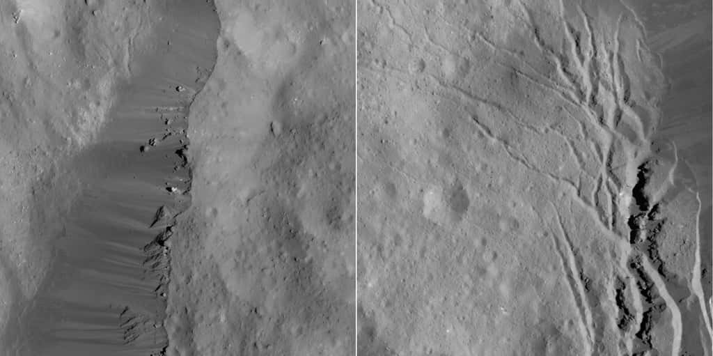 À gauche, détails des pentes sur la bordure est du célèbre cratère Occator. À droite, fissures au pied des pentes sud-est du cratère Occator. © Nasa, JPL-Caltech, UCLA, MPS, DLR, IDA