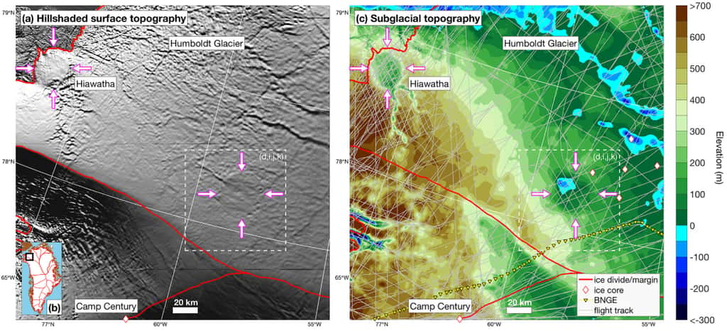 Le cratère de Hiawatha et le deuxième cratère découvert au nord-ouest du Groenland apparaissent sur les images topographiques de la surface, à gauche, et du relief subglaciaire. © Joseph A. MacGregor <em>et al</em>., <em>Geophysical Research Letters</em>, 2019