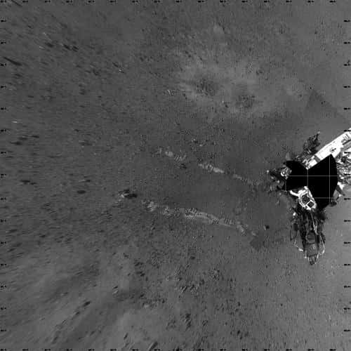 Vue aérienne des essais : les traces de roues de Curiosity