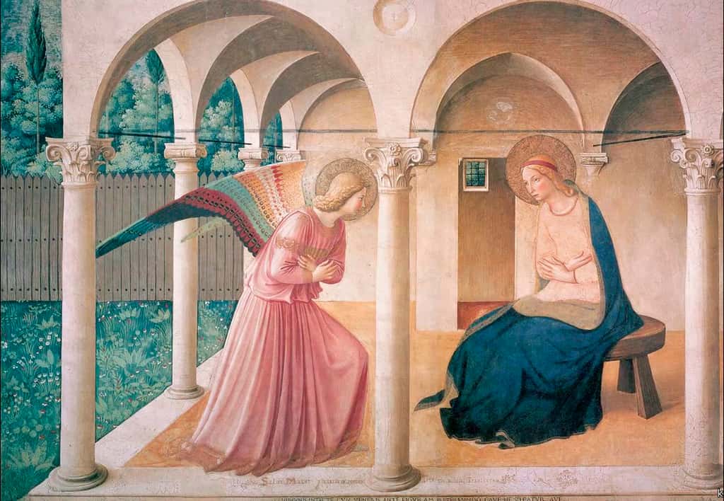 « <em>L'Annonciation </em>» de Fra Angelico, fresque visible en haut de l'escalier menant aux cellules des moines du couvent. © Musée San Marco, à Florence, <em>Wikimedia Commons</em>, DP