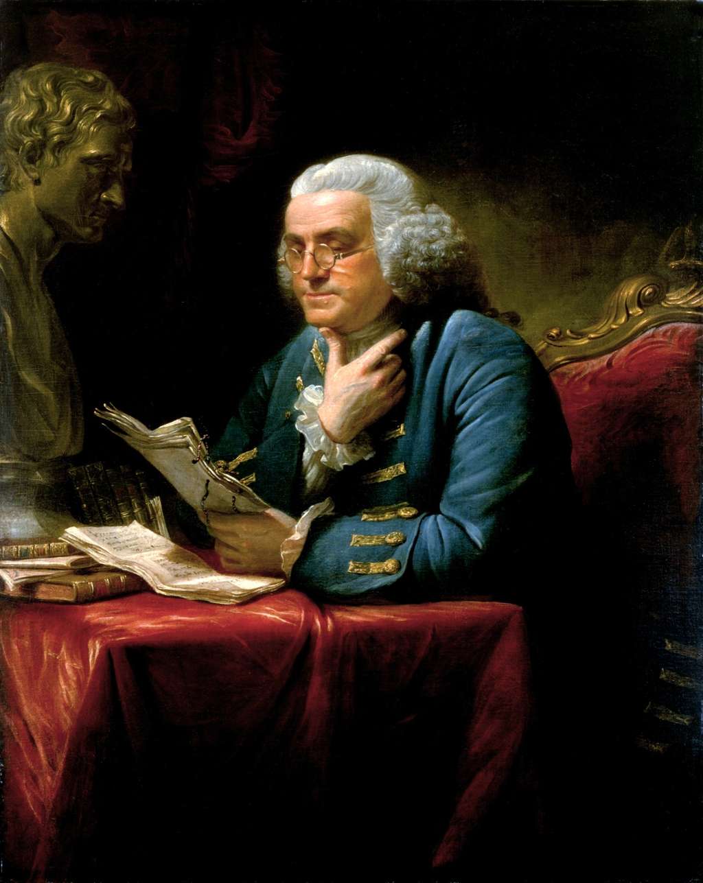 Benjamin Franklin est l’un des plus illustres rédacteurs et signataires de la constitution des États-Unis. © Peinture de David Martin, exposée à la maison blanche, Wikimedia Commons, domaine public